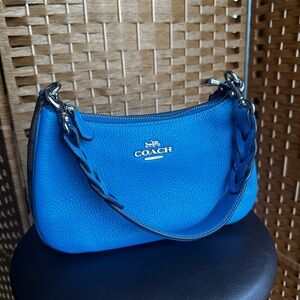 COACH Pebbled Leather Shoulder Bag in Bright Blue with Braided Strap